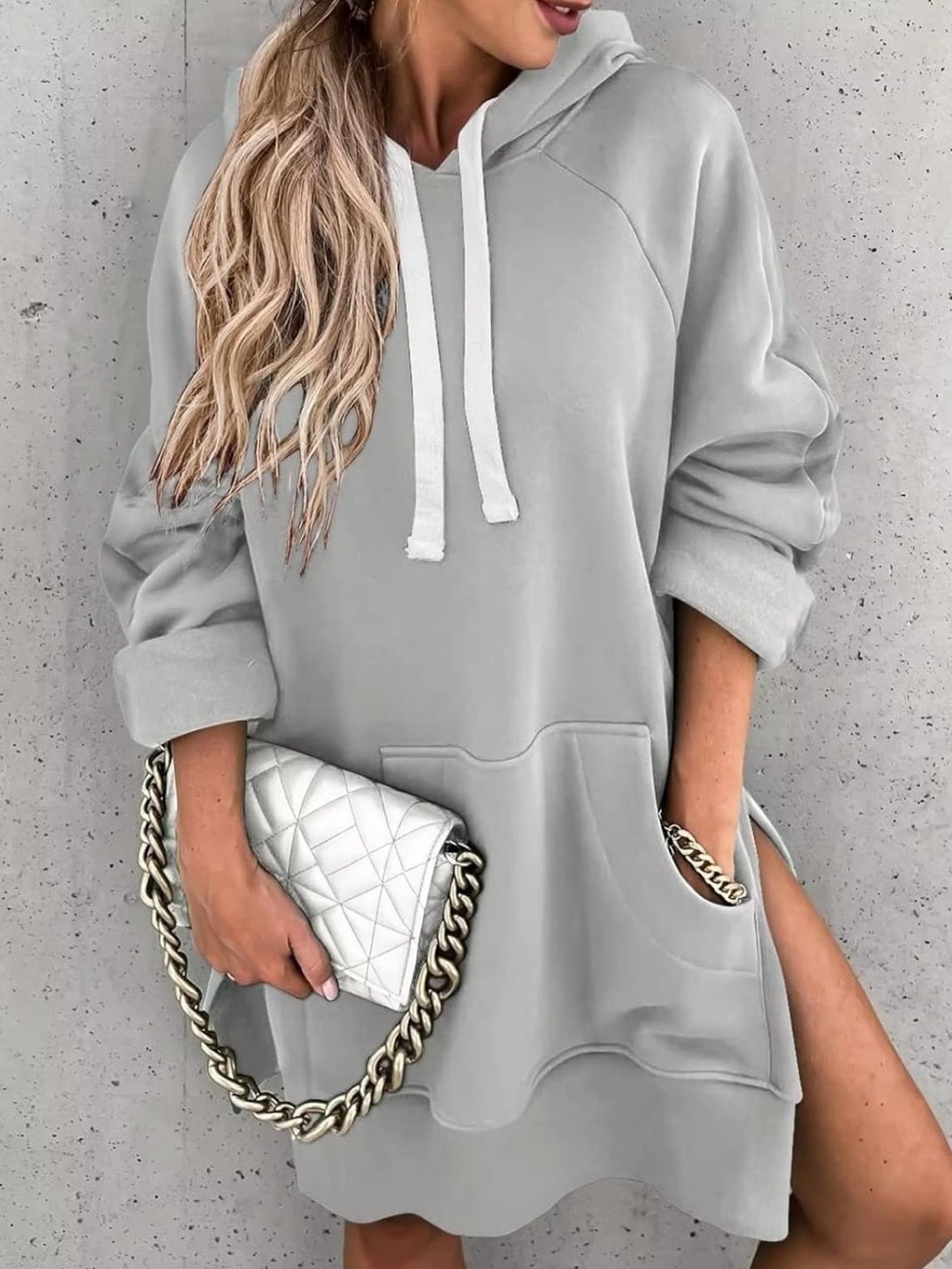 Oversized Light Gray Hoodie Dress with Kangaroo Pocket